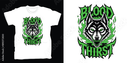 Bloodthirsty wolf graphic t-shirt design with green flames