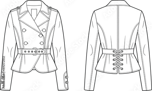 Women tailored jacket fashion technical illustration with front and back views, belted waist and lace up back detail, apparel flat sketch design