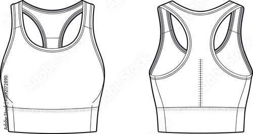 Women sports bra fashion technical illustration with front and back views, athletic crop top flat sketch for activewear apparel design use