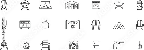 Camping, icons, set, outdoor, equipment, furniture, tents, fire, grill, stove, adventure, travel, line, art, simple, black, white, vector, illustration, pictograms