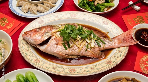 Delicious fish dish served with green herbs and ginger during a festive meal in China, featuring various side dishes and colorful presentation Generative AI