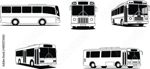 City, bus, vector, set, public, transport, vehicles, urban, transit, different, views, front, side, perspective, black, white, illustration, line, art, design