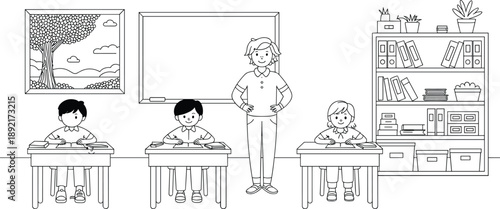 Classroom, teacher, and, students, studying, at, desks, in, modern, school, interior, education, learning, illustration, black, white, vector, line, art, design