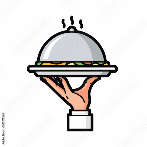 A hand holding a covered serving dish with food