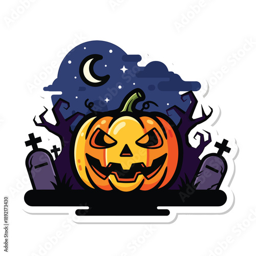 A jack-o-lantern surrounded by tombstones