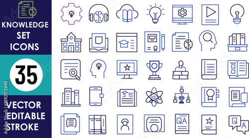 Vector knowledge set icons featuring education, research, innovation, analytics, communication, technology, management, and learning symbols in clean editable outline style 