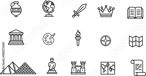 History culture education line icon set featuring globe book crown map monument symbols isolated on white background for learning design
