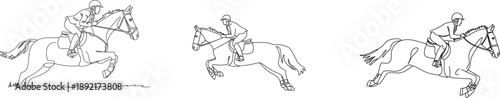 Modern, equestrian, sport, illustration, showing, horse, and, rider, jumping, racing, action, in, black, white, vector, line, art, outline, design, concept