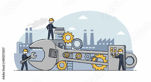 Industrial workers assembling a giant wrench with gears and machinery.