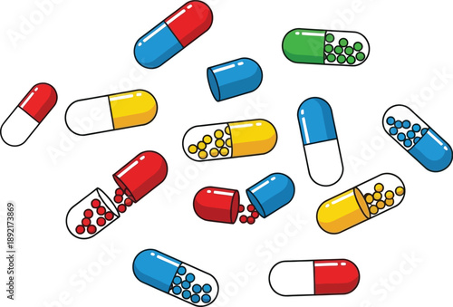 Colorful medicine capsules, pills, and tablets on a white plain background