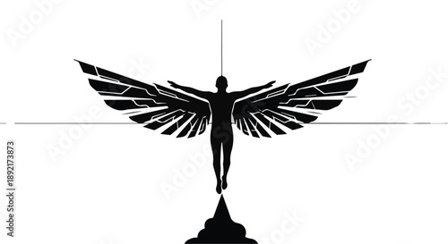 Symbolic silhouette of a person with outstretched wings ascending towards light
