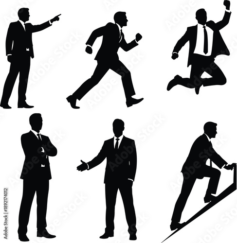 Businessman silhouette, dynamic pose, leadership action, career ambition, success icon, professional gesture, motivation concept, climbing figure, handshake moment, corporate energy