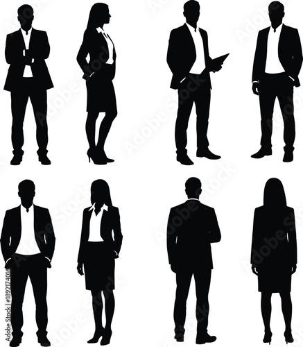 Business silhouette, professional attire, corporate pose, workplace diversity, gender balance, standing figure, tablet gesture, formal outfit, business icon, career concept