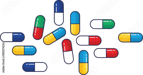 Colorful capsule pills on white, pharmaceutical medication treatment