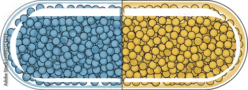 Blue and Yellow Pill Capsule with Spheres on a White Background