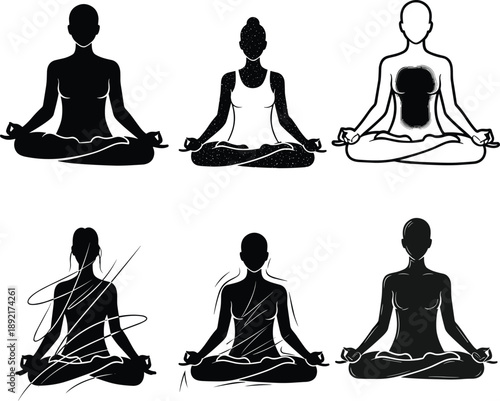 Meditation silhouette, seated pose, mindfulness icon, inner peace, yoga posture, spiritual practice, calm energy, wellness art, mudra gesture, tranquil figure