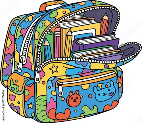 Colorful backpack with books and pencils on a white background