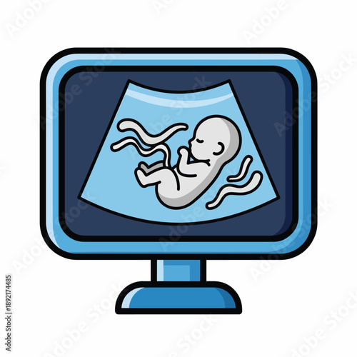 A cartoon computer monitor displaying a fetus on an ultrasound scan