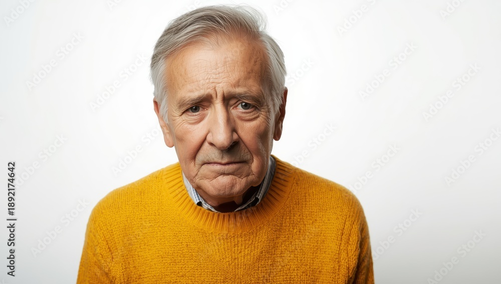Obraz premium Image of a weary elderly man in a yellow sweater against a plain white backdrop.png