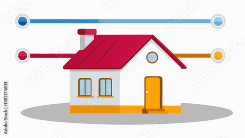Flat vector design of a small cottage with adjustable thermostat settings for heating and cooling systems on a white background with flat design