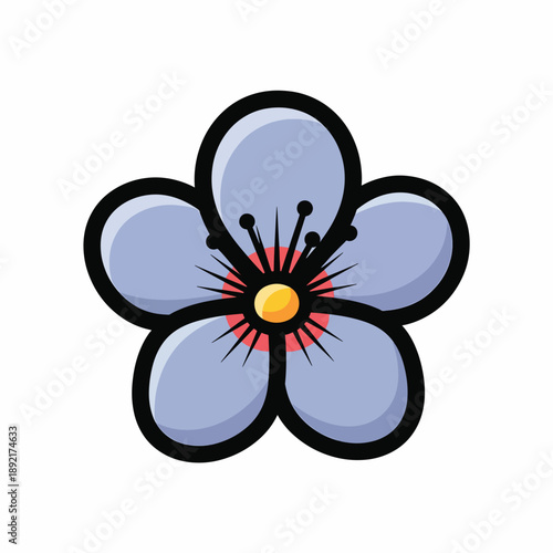 A cartoonish flower with blue petals and a yellow center