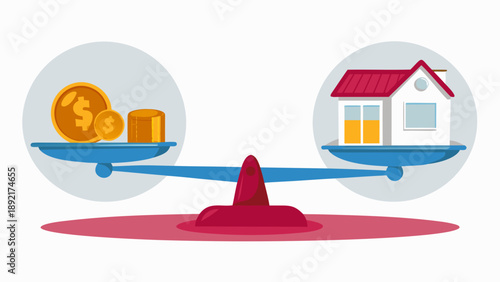 Flat vector illustration of balance scale weighing money against a house symbolizing financial decisions and priorities in real estate and investment
