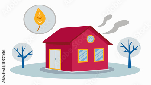 A vibrant purple house with energy efficiency features and autumnal surroundings including a yellow leaf and bare trees on a simple landscape