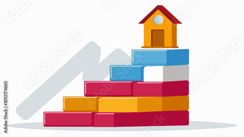 Colorful vector illustration of a house on top of stacked blocks with an upward trend graph in the background for business and growth concepts