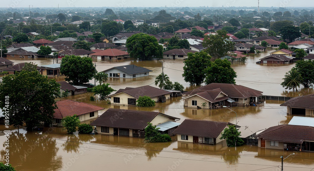 Fototapeta premium Flooded suburban neighborhood with brown water and houses flooding 1