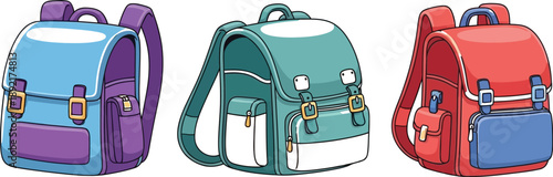Colorful school backpacks in a row, education and learning concept, cartoon