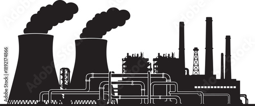Industrial Factory Silhouette with Power Plant and Pipelines