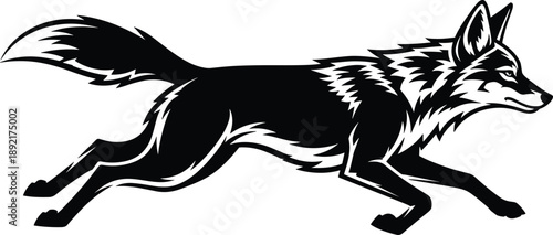 Running fox illustration in black and white, dynamic wildlife vector artwork, sleek canine silhouette design for logos, sports branding, posters, apparel