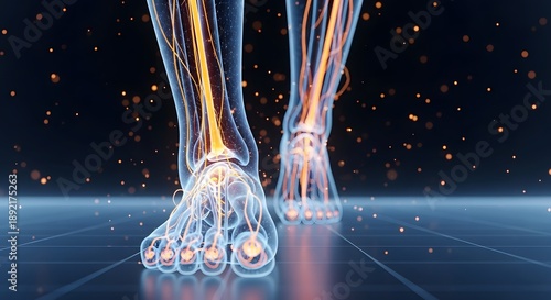 Neuralgia and peripheral nerve damage in lower limbs. Chronic pain management and medical diagnostics. Frontal view of legs with highlighted nervous system and glowing pain points