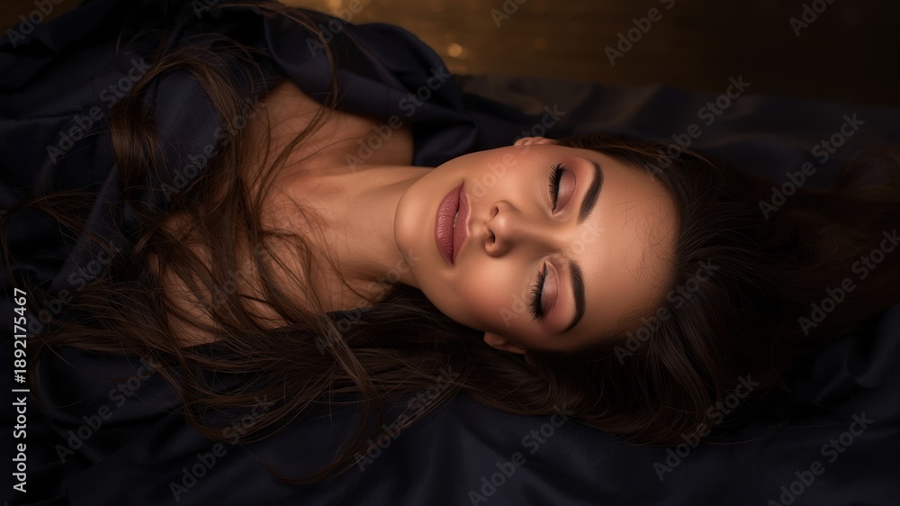 Fototapeta premium Brunette with desire reclined on dark blue silk.png