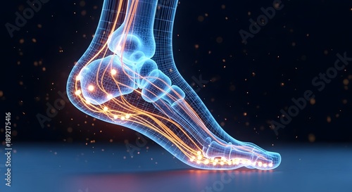 Peripheral neuropathy and burning foot syndrome. Diabetic complications and nerve regeneration. Detailed view of a foot with a glowing neural network and intense fire pain effects