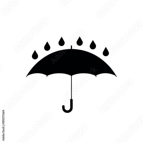 Vector A minimalist black outline icon depicts an open umbrella with several raindrops falling onto it, symbolizing protection from rain or wet conditions.