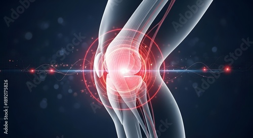 Lateral view of knee joint inflammation and injury. Sports medicine and physiological recovery. Human skeleton showing a glowing red hotspot on the knee ligaments and tendons