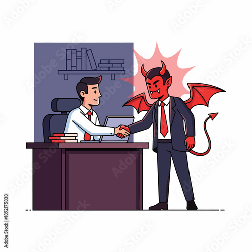 A man shakes hands with a red devil in office
