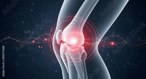 Chronic knee arthritis and joint degenerative disease. Medical diagnosis and orthopedic treatment. Transparent view of a bending leg showing internal pain and inflammation circles