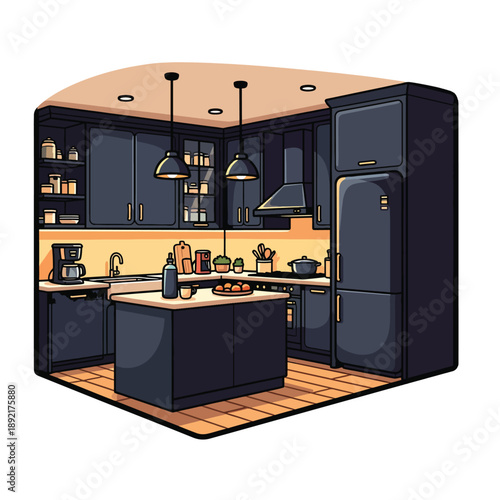 A cartoon-style kitchen with black cabinets