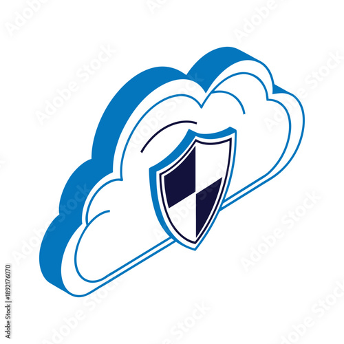 Isometric cloud security icon with shield emblem represents database protection and safety