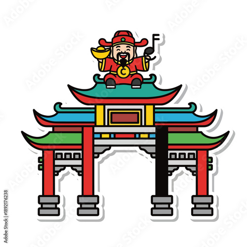 A colorful illustration of a Chinese gate with a smiling man