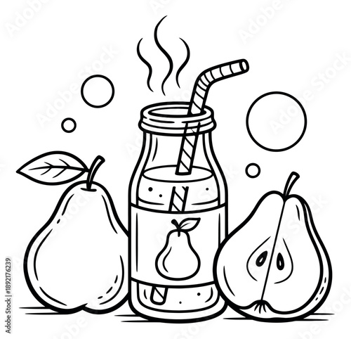 Hand drawn line art pear fruit drink set featuring whole and sliced pears with a bottle of juice for fresh and healthy designs