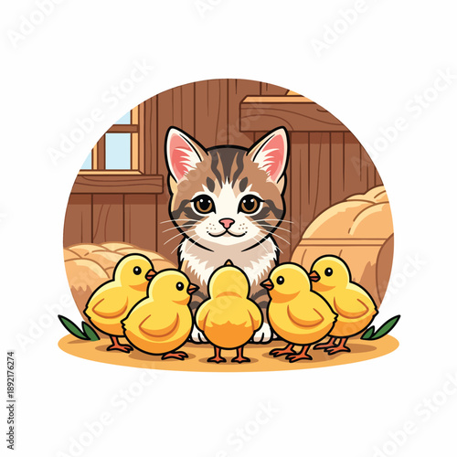 A cute cat and chicks on a farm