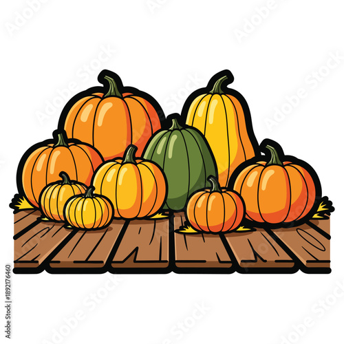 A colorful illustration of various sized pumpkins on wooden planks