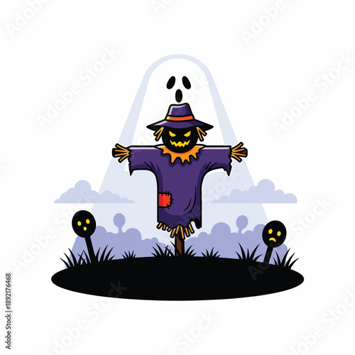 A scarecrow with a purple shirt and hat