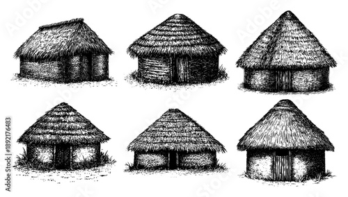 Set of hand drawn thatched huts in vintage ink engraving style
