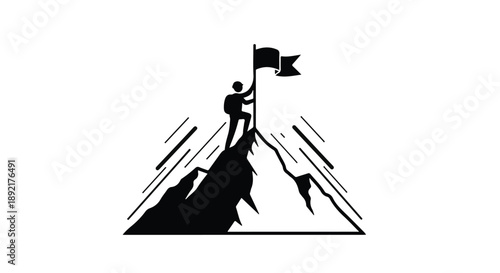 Silhouette of a determined person planting a flag on a mountaintop, symbolizing achievement and success.