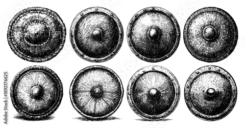 Vintage engraved round medieval shields collection