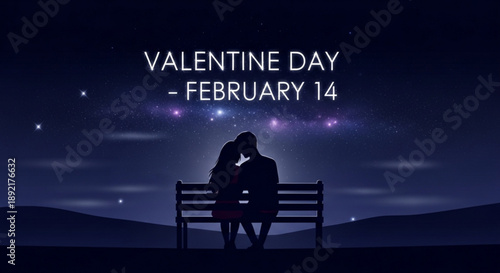 Romantic couple sitting on bench under starry night sky with valentine's day text